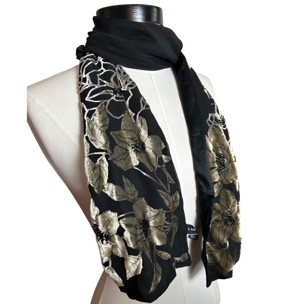 Ellen Tracy Black‎ Gold Silk Blend Burnout Floral Beaded Scarf VTG Elegant